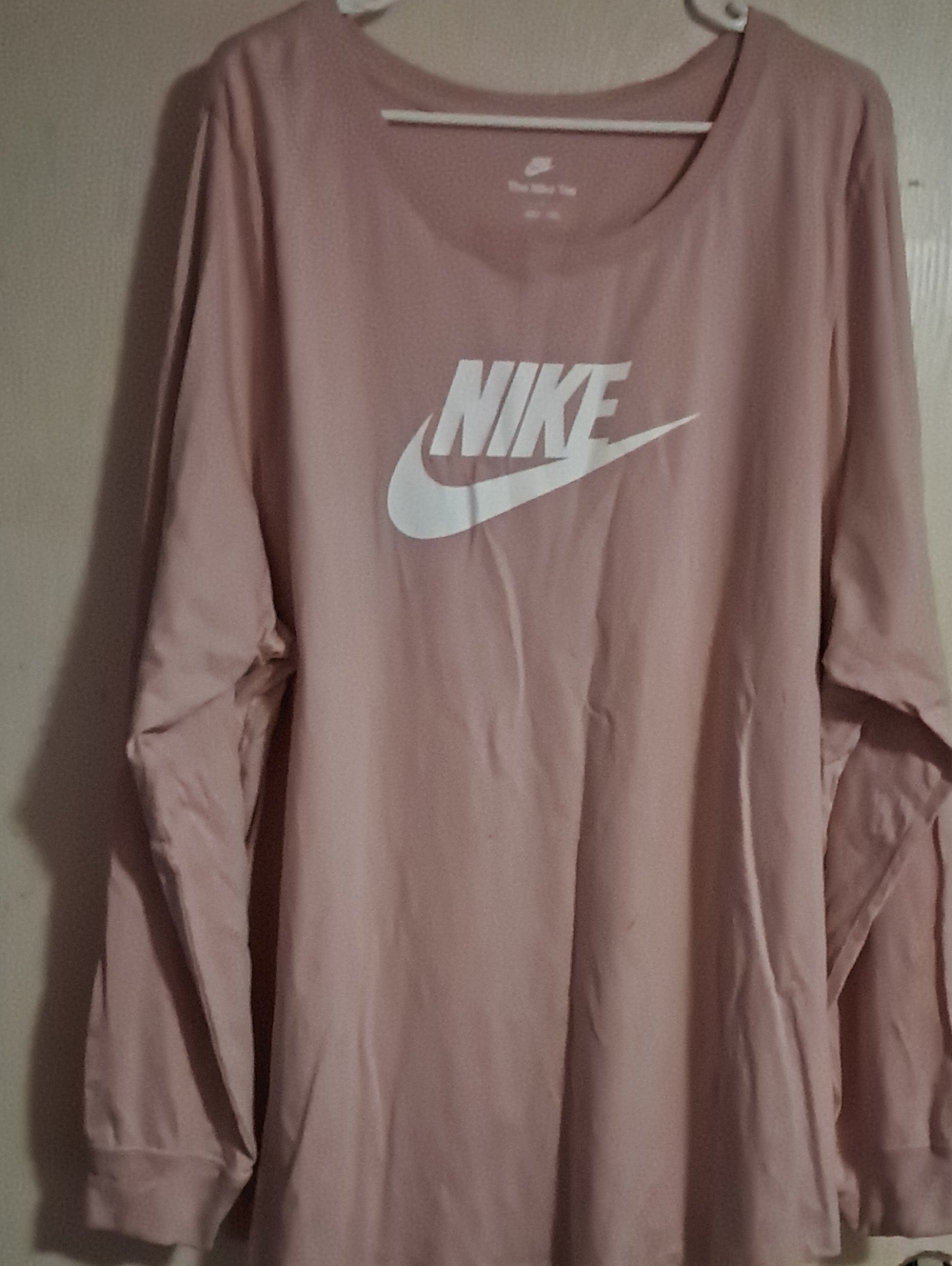 Nike Women's Long Sleeve Logo Tee in Dusty Pink and White